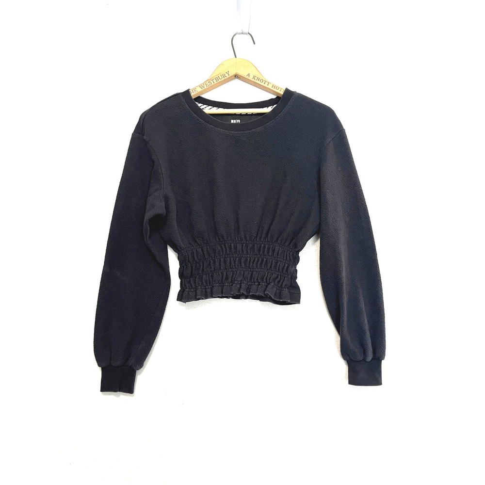 Maeve Anthropologie Black Smocked Cropped Pullover Sweatshirt Size XS OB1416096